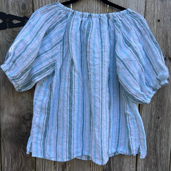 TALBOTS White and Turquiose Striped 100% Linen Blouse Top Women’s Medium Petite - Picture 11 of 11